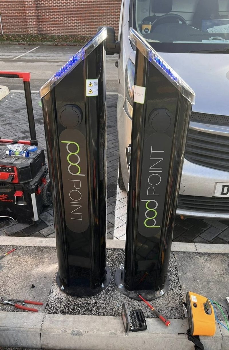 Pair of Pod Point EV chargers installed by MHM Electrical at a commercial car park